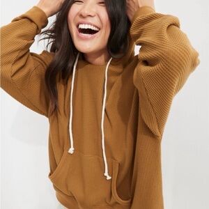 Aerie oversized waffle knit brown hoodie boxy winter XL cozy soft